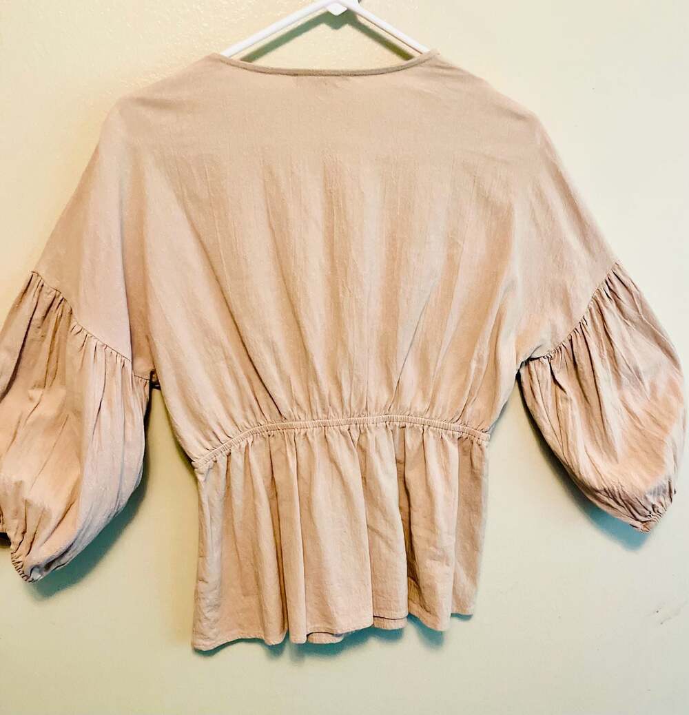 Baby Doll Tie Front Balloon Sleeve Boho Peasant top 100% Cotton, M - Picture 5 of 6